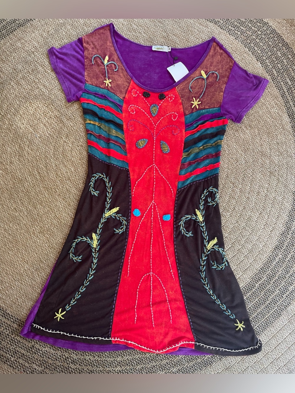 Boho-style patchwork tunic/mini dress with embroidery & vibrant appliqué work.